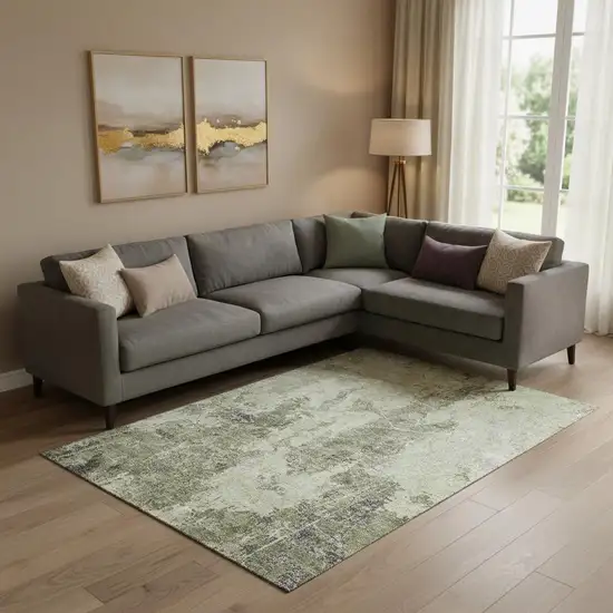 Artichoke Green Charcoal And Ivory Abstract Washable Area Rug With UV Protection Photo 2