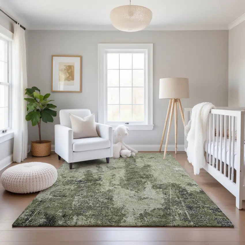 Artichoke Green Charcoal And Ivory Abstract Washable Area Rug With UV Protection Photo 5