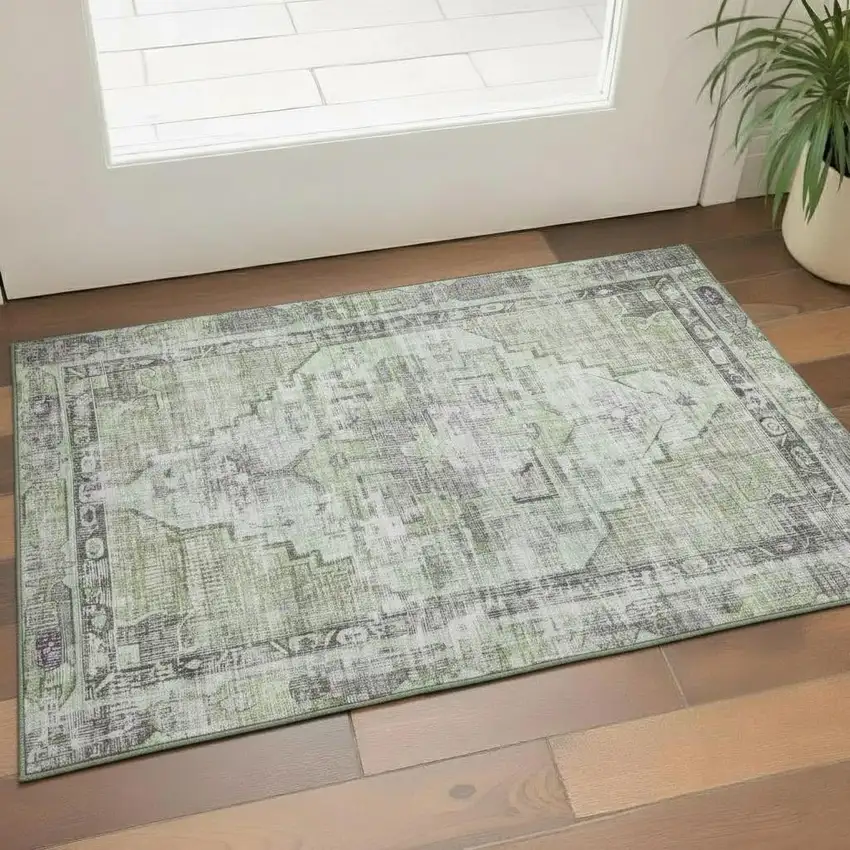 Artichoke Green Charcoal And Ivory Oriental Washable Area Rug With UV Protection Photo 2