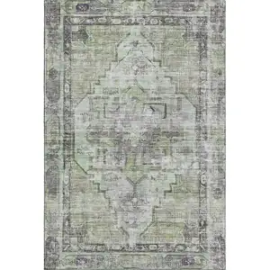 Photo of Artichoke Green Charcoal And Ivory Oriental Washable Area Rug With UV Protection