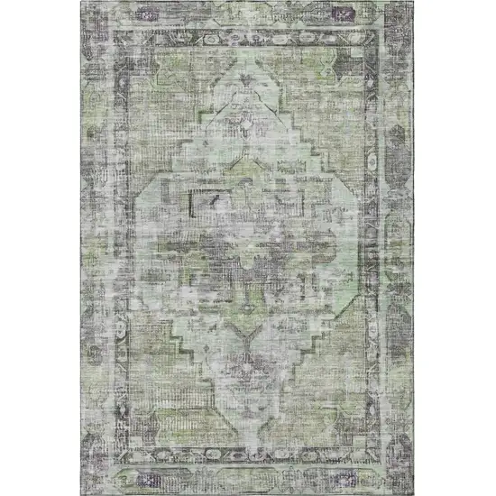 Artichoke Green Charcoal And Ivory Oriental Washable Area Rug With UV Protection Photo 3