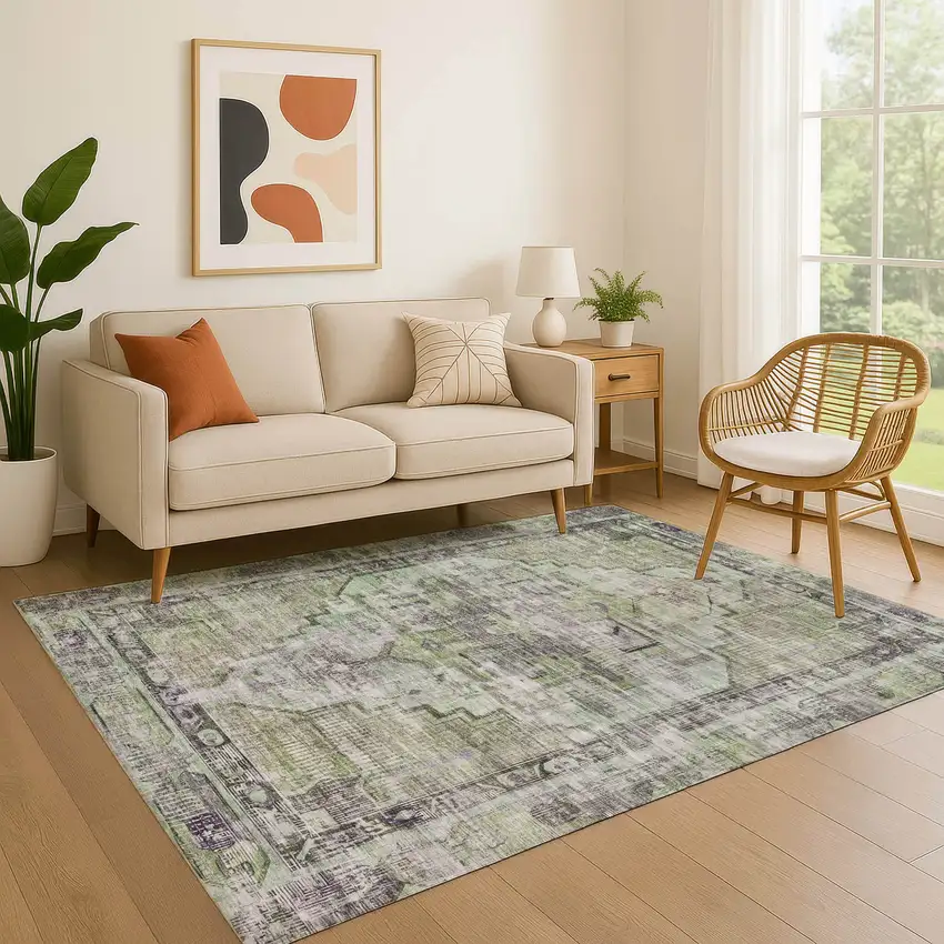 Artichoke Green Charcoal And Ivory Oriental Washable Area Rug With UV Protection Photo 4