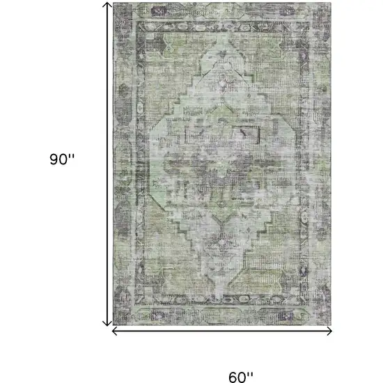 Artichoke Green Charcoal And Ivory Oriental Washable Area Rug With UV Protection Photo 9