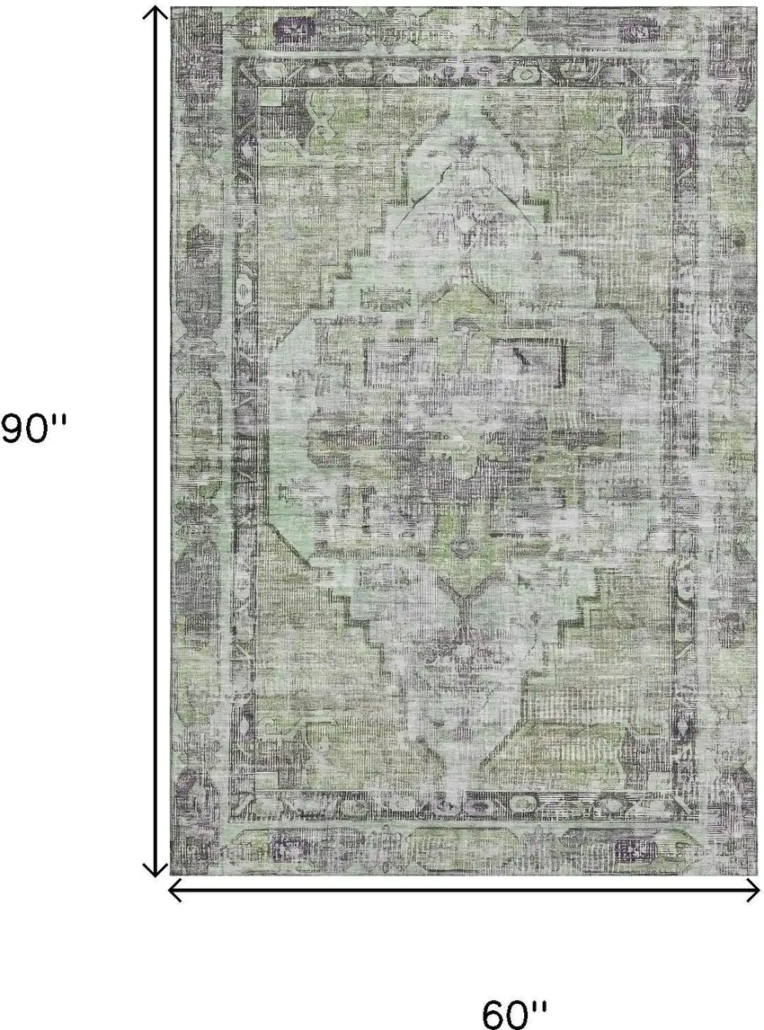 Artichoke Green Charcoal And Ivory Oriental Washable Area Rug With UV Protection Photo 9