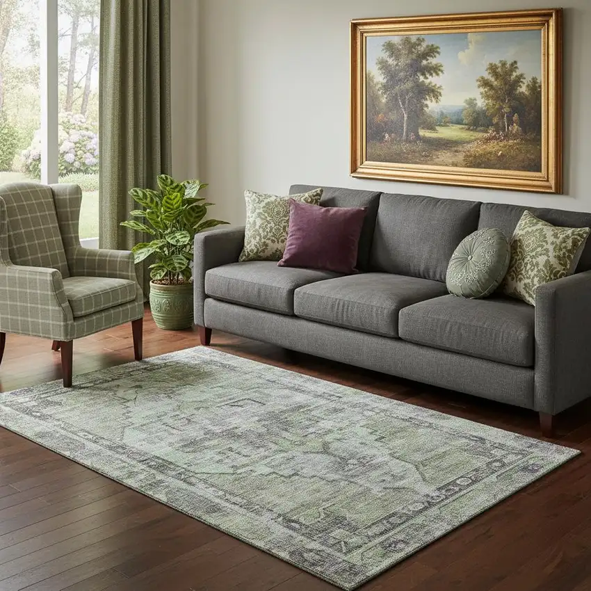 Artichoke Green Charcoal And Ivory Oriental Washable Area Rug With UV Protection Photo 2