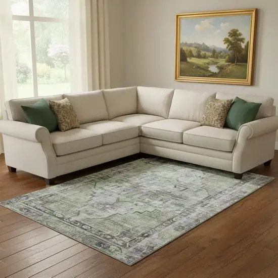 Artichoke Green Charcoal And Ivory Oriental Washable Area Rug With UV Protection Photo 2