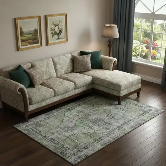 Artichoke Green Charcoal And Ivory Oriental Washable Area Rug With UV Protection Photo 2