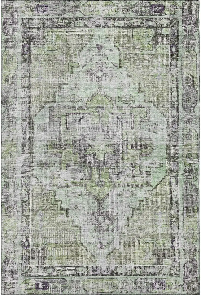 Artichoke Green Charcoal And Ivory Oriental Washable Area Rug With UV Protection Photo 3