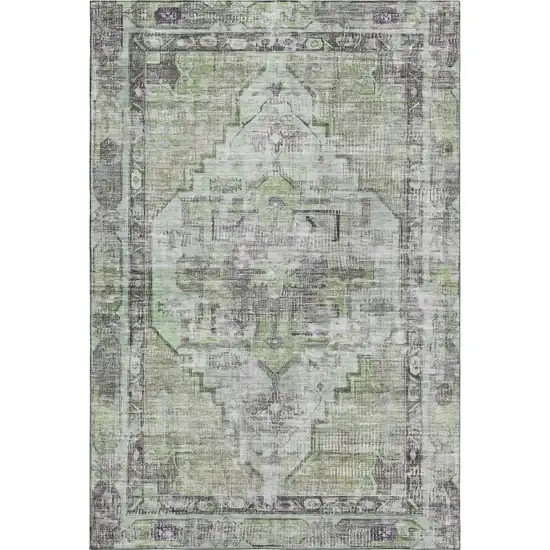 Artichoke Green Charcoal And Ivory Oriental Washable Area Rug With UV Protection Photo 1