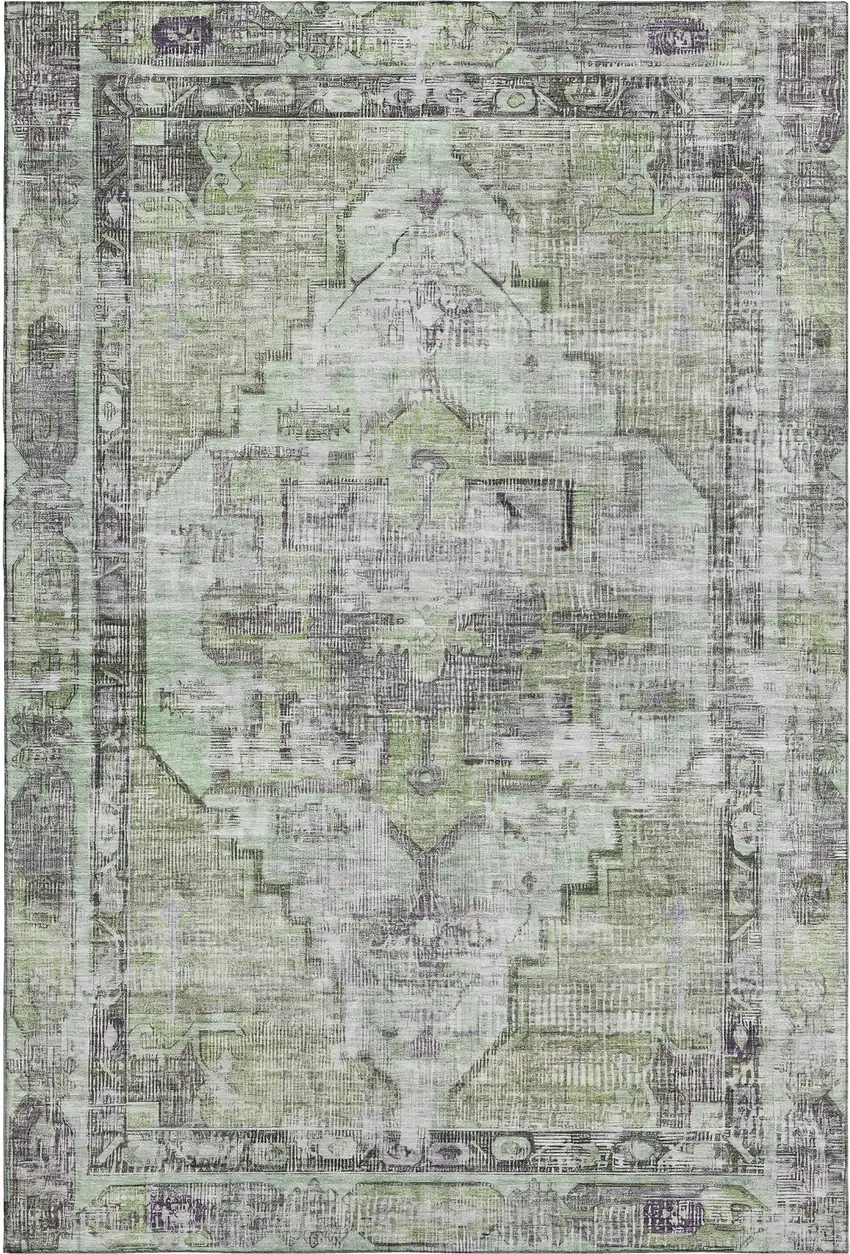 Artichoke Green Charcoal And Ivory Oriental Washable Area Rug With UV Protection Photo 1