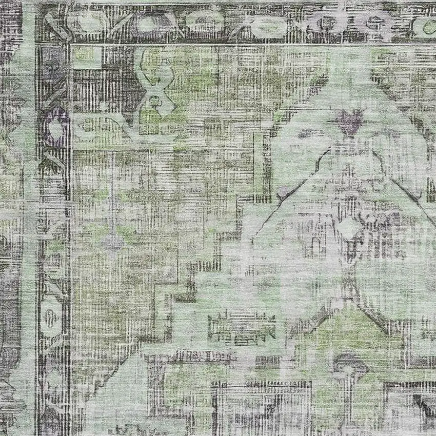 Artichoke Green Charcoal And Ivory Oriental Washable Area Rug With UV Protection Photo 2