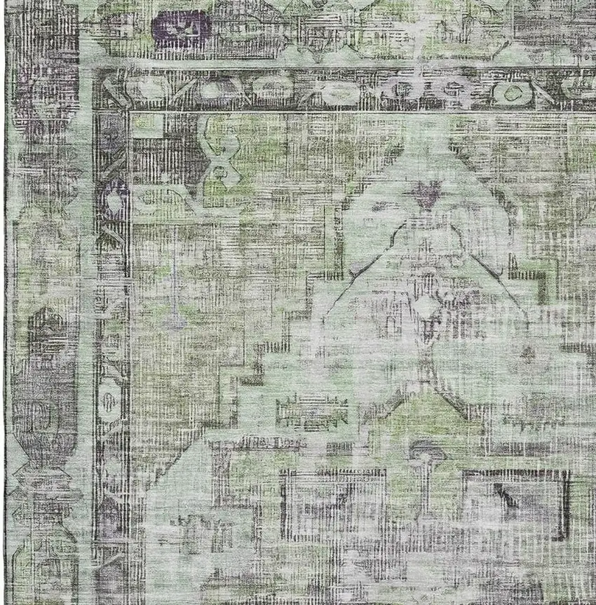 Artichoke Green Charcoal And Ivory Oriental Washable Area Rug With UV Protection Photo 3