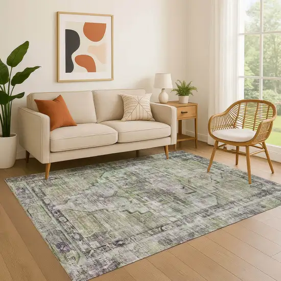 Artichoke Green Charcoal And Ivory Oriental Washable Area Rug With UV Protection Photo 4