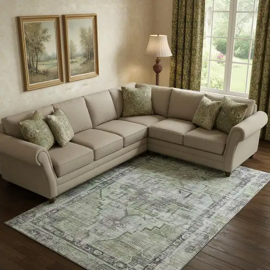 Artichoke Green Charcoal And Ivory Oriental Washable Area Rug With UV Protection Photo 2