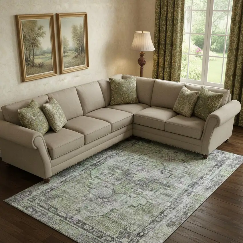 Artichoke Green Charcoal And Ivory Oriental Washable Area Rug With UV Protection Photo 2