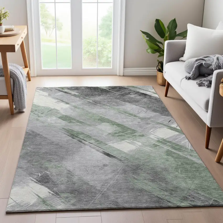 Artichoke Green Charcoal And Ivory Striped Washable Area Rug With UV Protection Photo 4