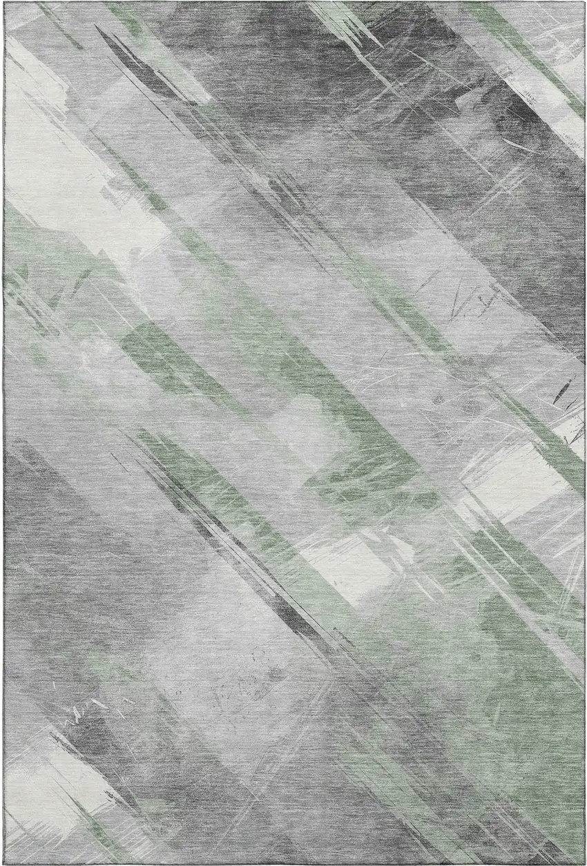 Artichoke Green Charcoal And Ivory Striped Washable Area Rug With UV Protection Photo 5