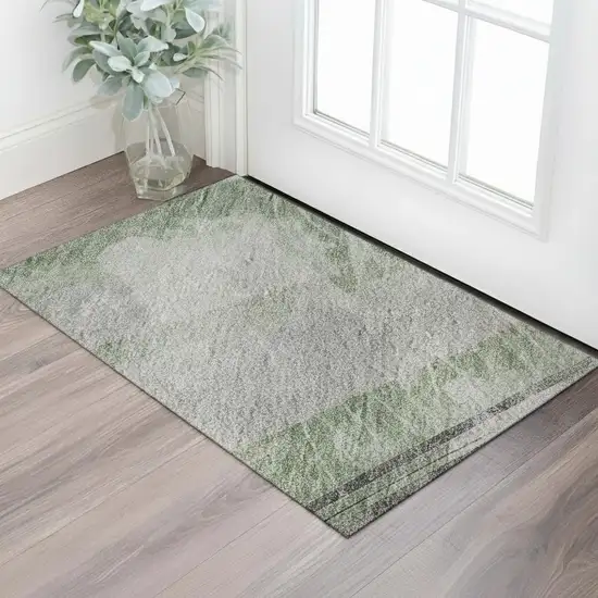 Artichoke Green Charcoal And Ivory Striped Washable Area Rug With UV Protection Photo 2