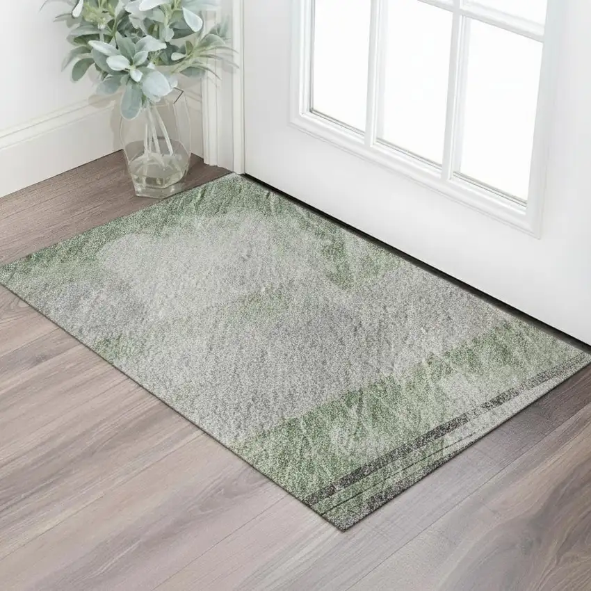 Artichoke Green Charcoal And Ivory Striped Washable Area Rug With UV Protection Photo 2