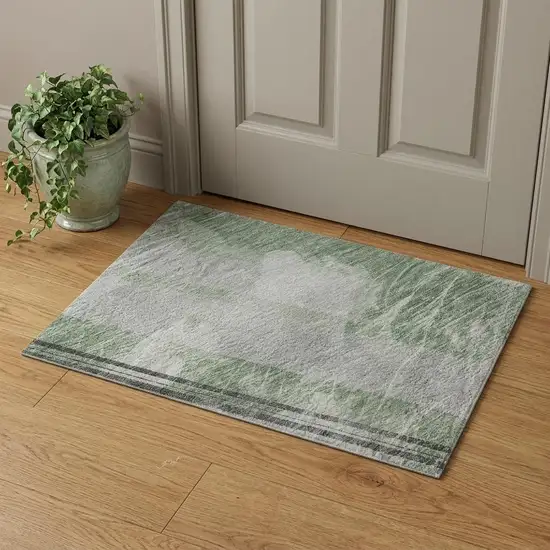 Artichoke Green Charcoal And Ivory Striped Washable Area Rug With UV Protection Photo 1