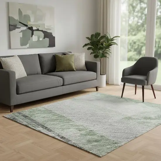 Artichoke Green Charcoal And Ivory Striped Washable Area Rug With UV Protection Photo 2