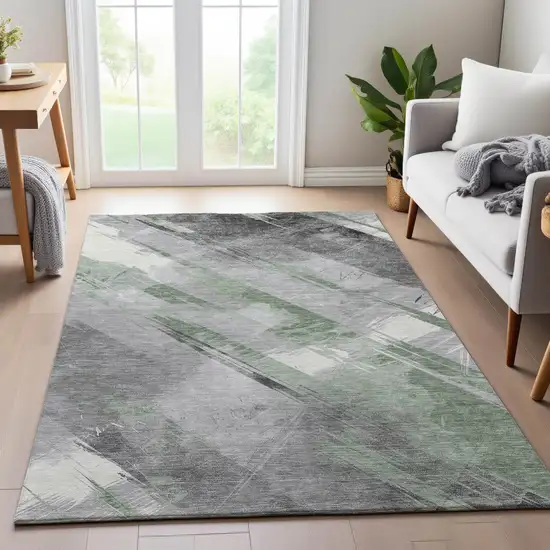 Artichoke Green Charcoal And Ivory Striped Washable Area Rug With UV Protection Photo 4