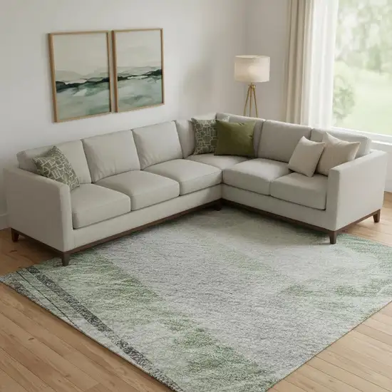 Artichoke Green Charcoal And Ivory Striped Washable Area Rug With UV Protection Photo 2