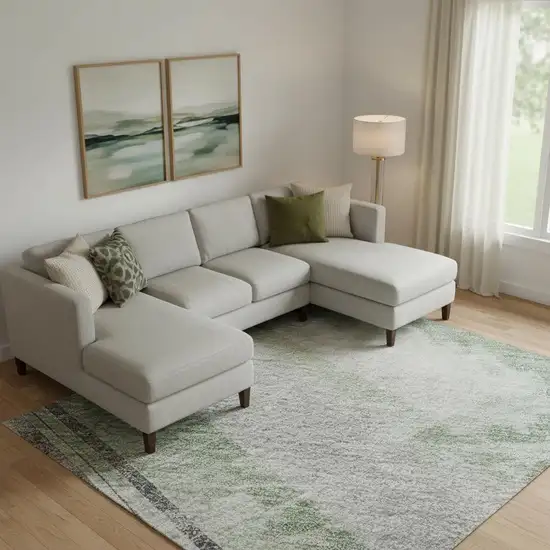 Artichoke Green Charcoal And Ivory Striped Washable Area Rug With UV Protection Photo 2