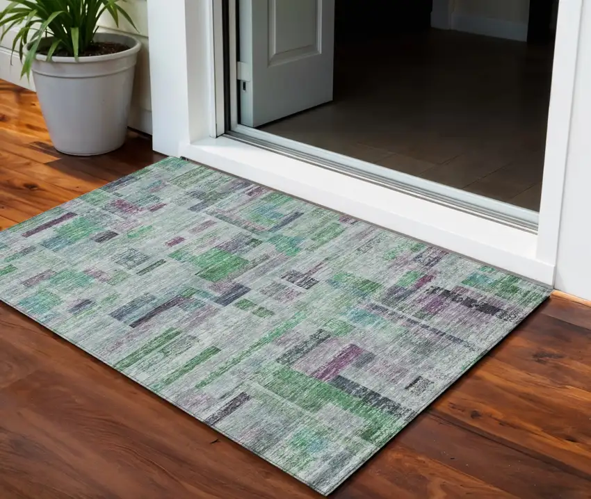 Artichoke Green Charcoal And Purple Striped Washable Indoor Outdoor Area Rug Photo 1