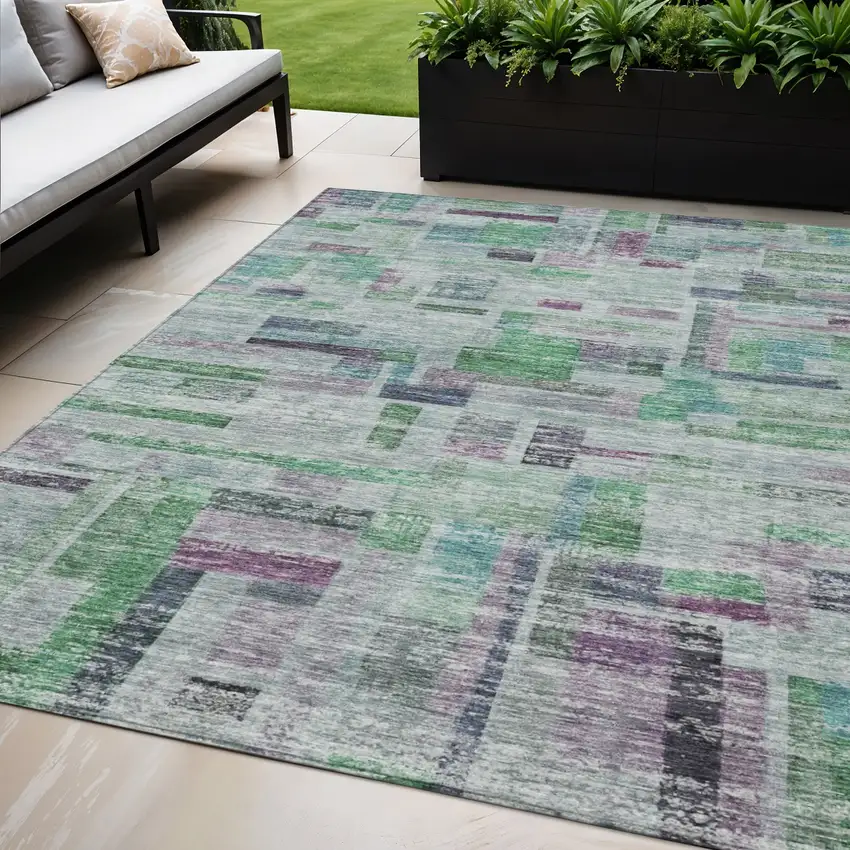 Artichoke Green Charcoal And Purple Striped Washable Indoor Outdoor Area Rug Photo 1