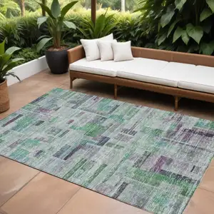 Photo of Artichoke Green Charcoal And Purple Striped Washable Indoor Outdoor Area Rug