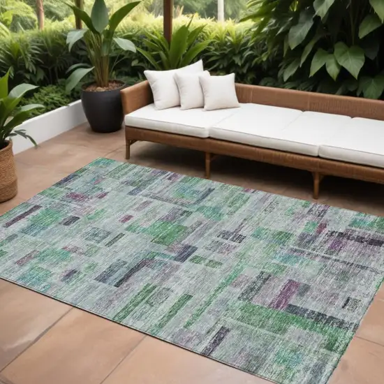 Artichoke Green Charcoal And Purple Striped Washable Indoor Outdoor Area Rug Photo 1