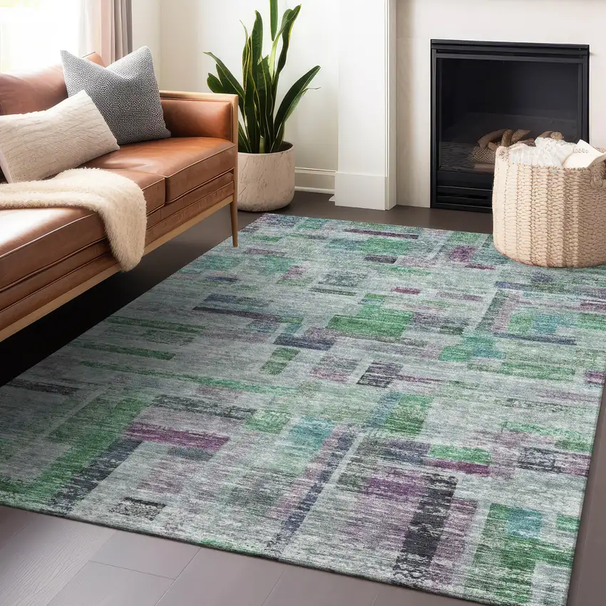 Artichoke Green Charcoal And Purple Striped Washable Indoor Outdoor Area Rug Photo 8