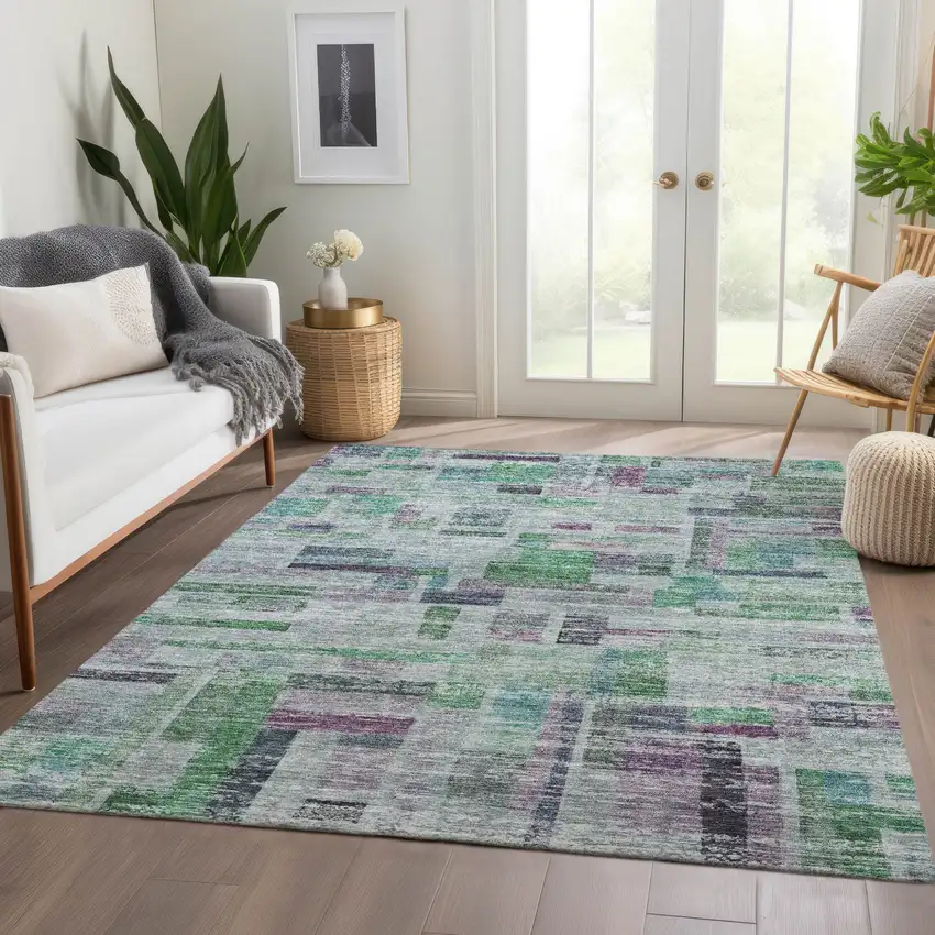 Artichoke Green Charcoal And Purple Striped Washable Indoor Outdoor Area Rug Photo 9