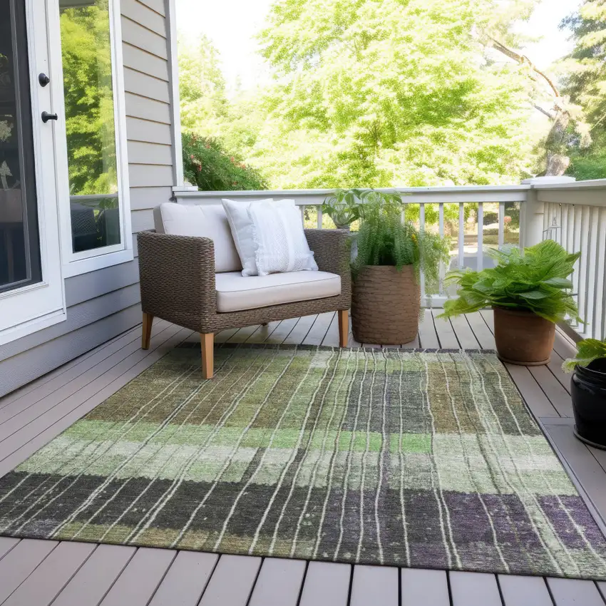 Artichoke Green Charcoal And Purple Striped Washable Indoor Outdoor Area Rug Photo 7