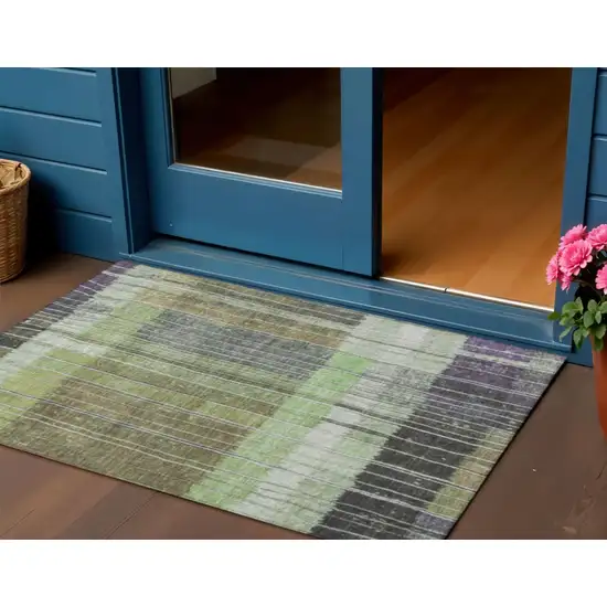 Artichoke Green Charcoal And Purple Striped Washable Indoor Outdoor Area Rug Photo 2