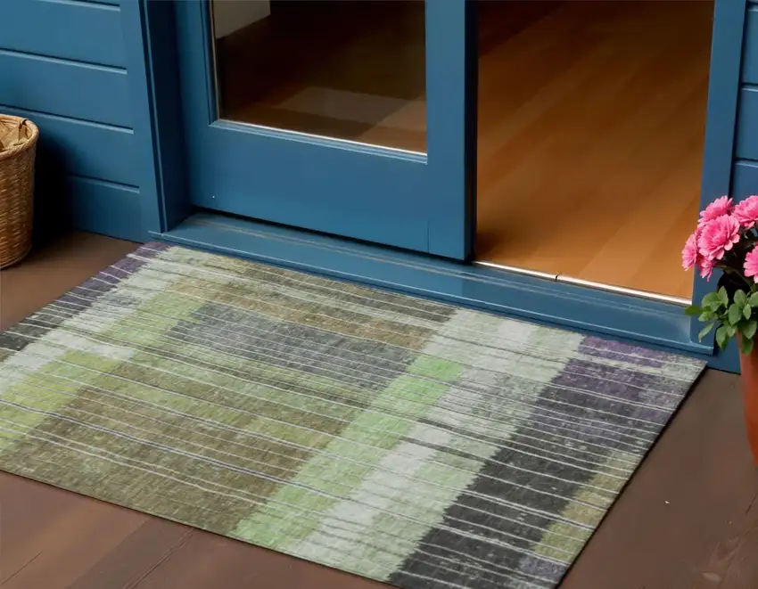 Artichoke Green Charcoal And Purple Striped Washable Indoor Outdoor Area Rug Photo 2