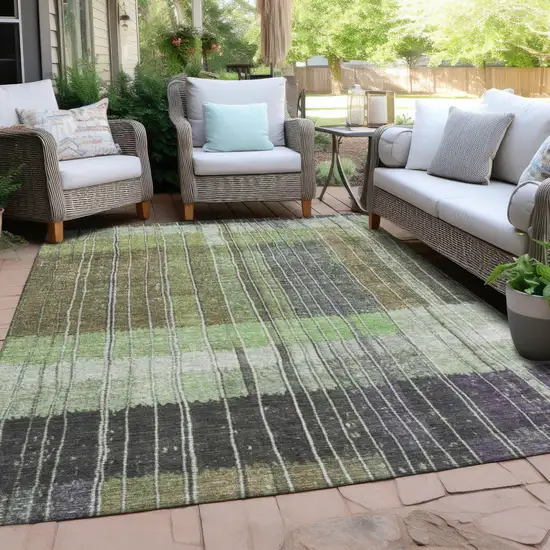 Artichoke Green Charcoal And Purple Striped Washable Indoor Outdoor Area Rug Photo 4