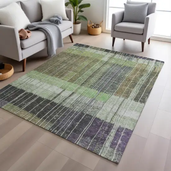Artichoke Green Charcoal And Purple Striped Washable Indoor Outdoor Area Rug Photo 5