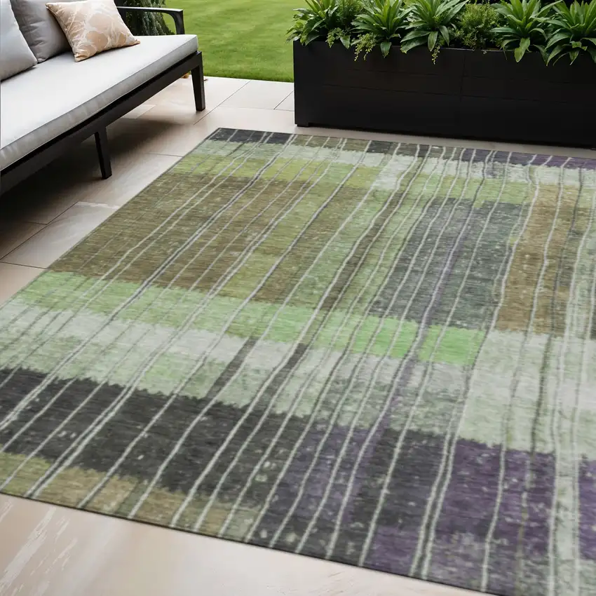 Artichoke Green Charcoal And Purple Striped Washable Indoor Outdoor Area Rug Photo 2