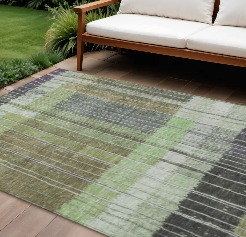 Artichoke Green Charcoal And Purple Striped Washable Indoor Outdoor Area Rug Photo 2