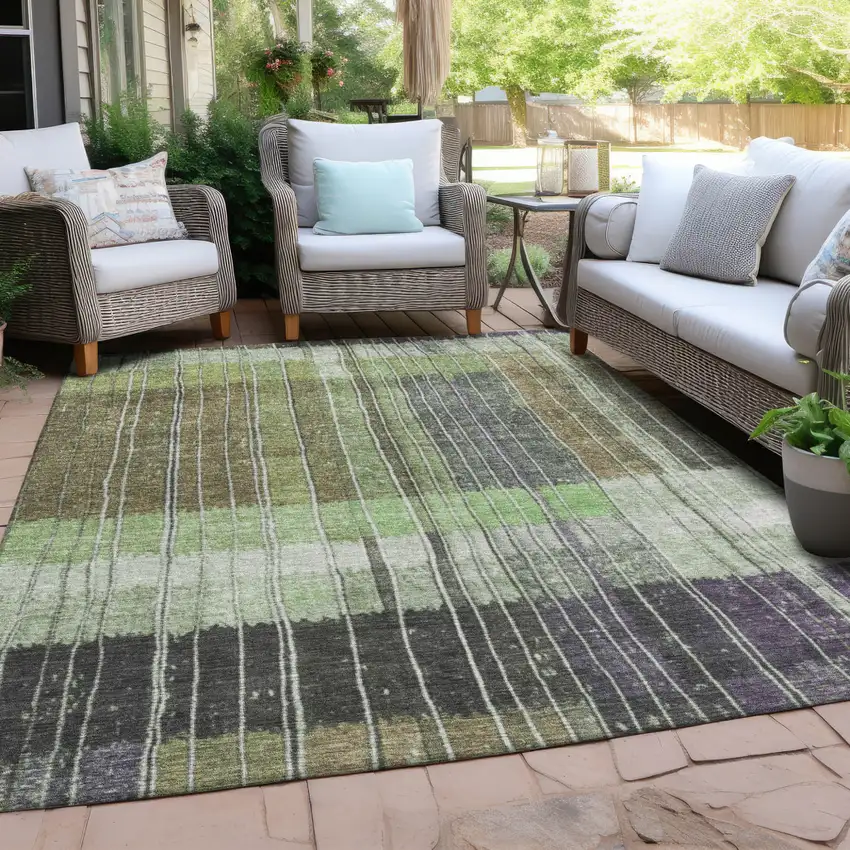 Artichoke Green Charcoal And Purple Striped Washable Indoor Outdoor Area Rug Photo 4