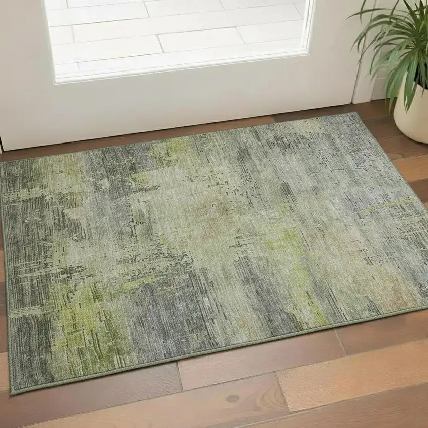 Artichoke Green Charcoal And Silver Abstract Washable Area Rug With UV Protection Photo 2