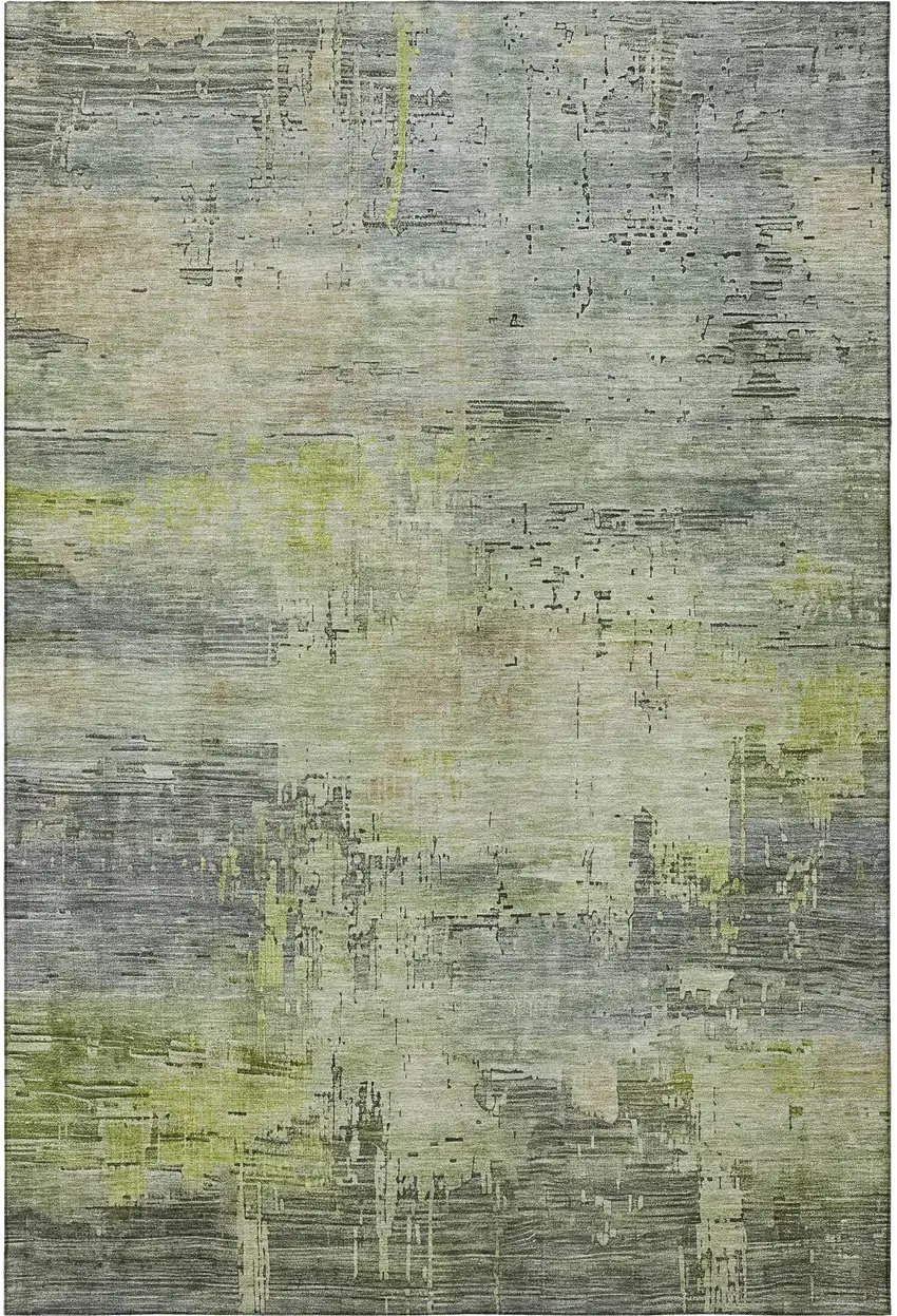 Artichoke Green Charcoal And Silver Abstract Washable Area Rug With UV Protection Photo 3