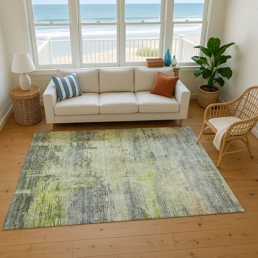 Artichoke Green Charcoal And Silver Abstract Washable Area Rug With UV Protection Photo 5