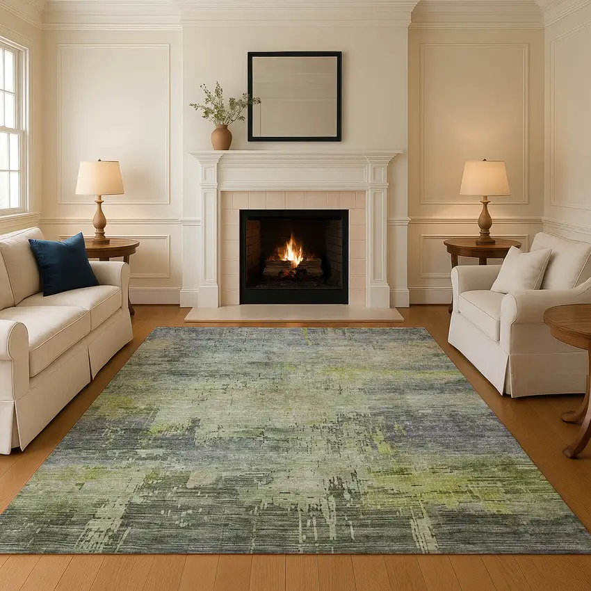 Artichoke Green Charcoal And Silver Abstract Washable Area Rug With UV Protection Photo 4