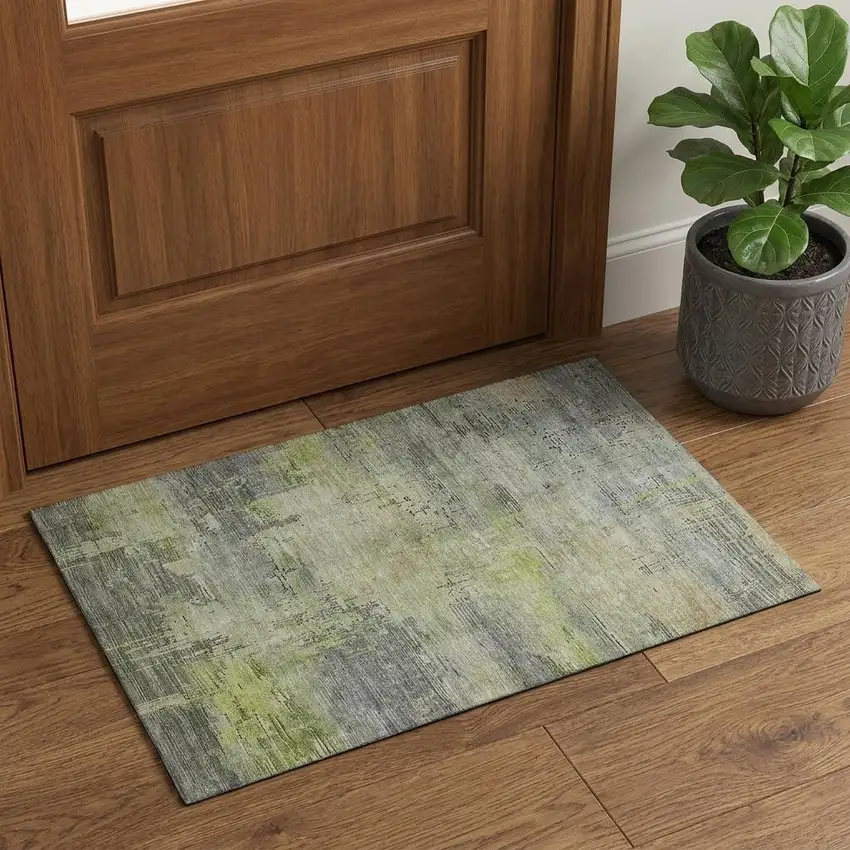 Artichoke Green Charcoal And Silver Abstract Washable Area Rug With UV Protection Photo 1