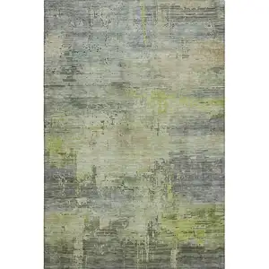 Photo of Artichoke Green Charcoal And Silver Abstract Washable Area Rug With UV Protection