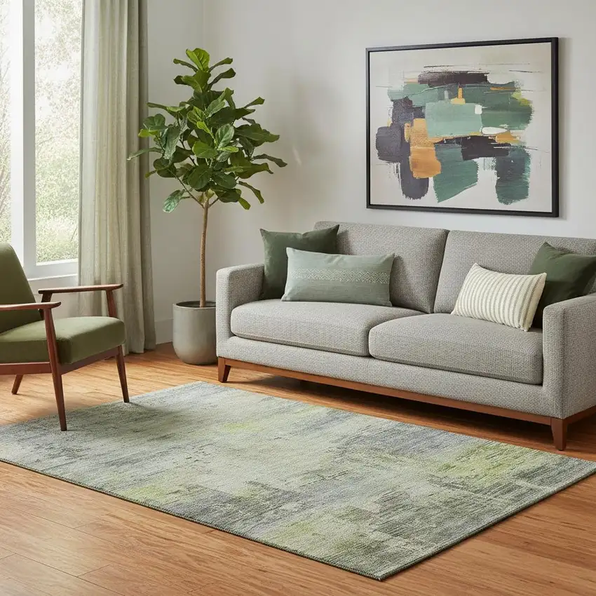 Artichoke Green Charcoal And Silver Abstract Washable Area Rug With UV Protection Photo 2