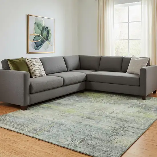 Artichoke Green Charcoal And Silver Abstract Washable Area Rug With UV Protection Photo 2